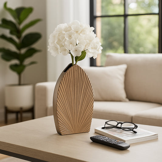 Elegant Ribbed Metal Vase for Living Room Decor - Decorative Flower Vase for Bedroom, Office, and Home Decor - Stylish Sculptural House Vase for Room, Tabletop, or Centerpiece Accent - 12" Champagne