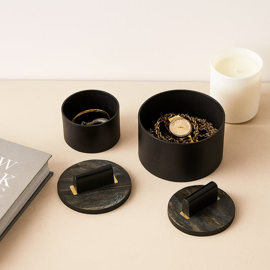 Decorative Boxes for Home Decor with Lid – Circle Jewelry and Storage Boxes for Keepsakes and Accessories – Home Organizer Perfect for Living Room, Bedroom, or Office Decor; Set of 2 – 6", Black