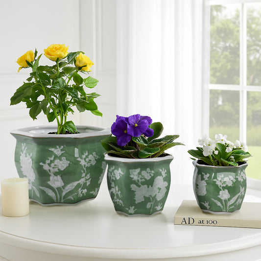 Home Decor Planters and Flower Pots – Ceramic Floral Planters for Indoor or Outdoor Succulents, Herbs, or Ferns – Plant Pots That Make Your Garden and Patio Pop Set of 3 – 9", 8", 7" Green & White
