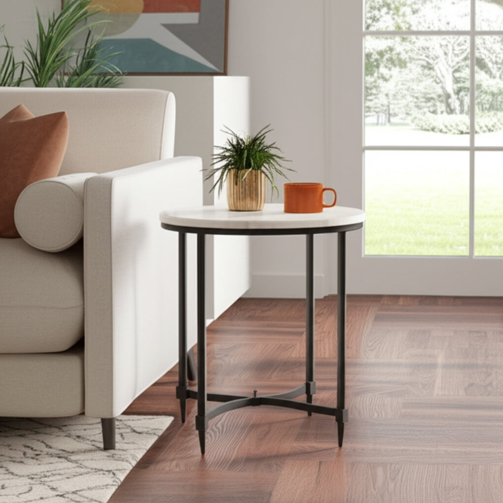 Home Decor End Table, Side Table, or Small Night Stand - Round Marble Bedside Table with Faceted Pedestal Base - Modern Accent Table for Living Room, Bedroom, or Office Decor - 23" Black & White