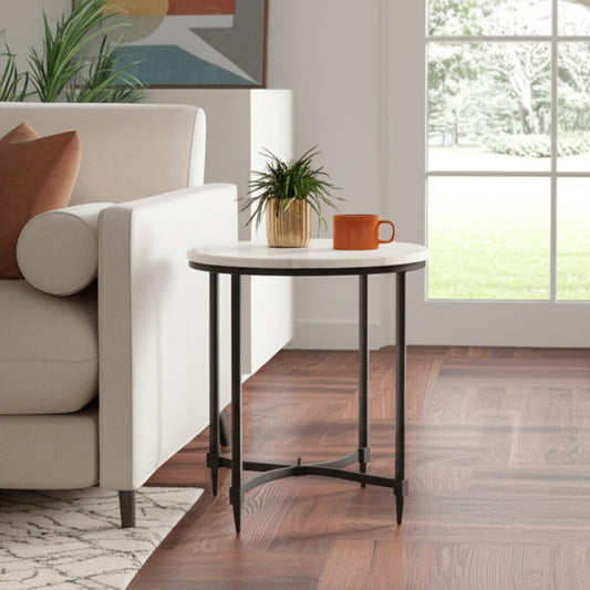 Home Decor End Table, Side Table, or Small Night Stand - Round Marble Bedside Table with Faceted Pedestal Base - Modern Accent Table for Living Room, Bedroom, or Office Decor - 23" Black & White