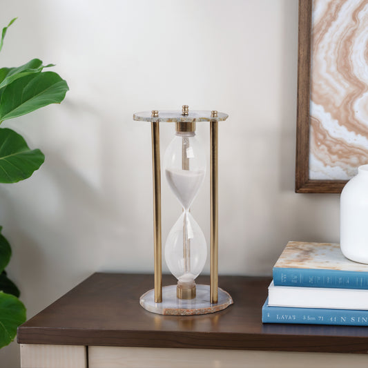 Decorative Hourglass Stone Glass Metal Agate Frame Modern Accent for Home Office Bedroom Living Room Decor - 10" Brown