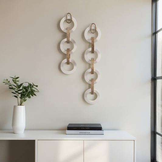 Decorative Objects for Home Decor - White & Gold Wall Sculpture Chains with Linked Circle Design - Modern Statues for Kitchen Decor or Decorations for Living Room Shelf Styling Set of 2 - 35", White & Gold