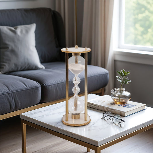 Decorative Hourglass Object Resin Glass Metal Glam Style Modern Accent for Home Office Living Room Bedroom - 10" Ivory & Tan
