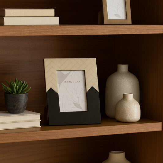 Photo Frame for Tabletop – Picture Frame with Two-Tone Design for Family Portraits or Travel Photos – Chic Rectangular Polyresin and Wood Decorative Frame for Home and Office Decor – 9" Ivory & Black