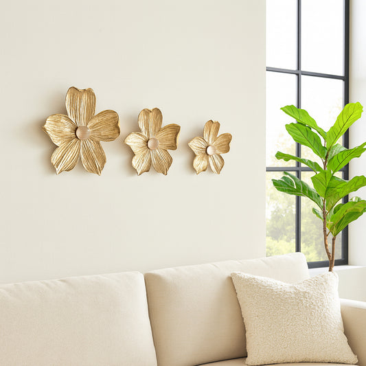 Decorative Sold Wall Hanging Flower Design - Elegant Wall Art Ideal for Room, Bedroom, Bathroom, and Home - Ornamental Hanging Wall Decor, Living Room Decor, or Home Decor Accents - Set of 3, 18", Gold