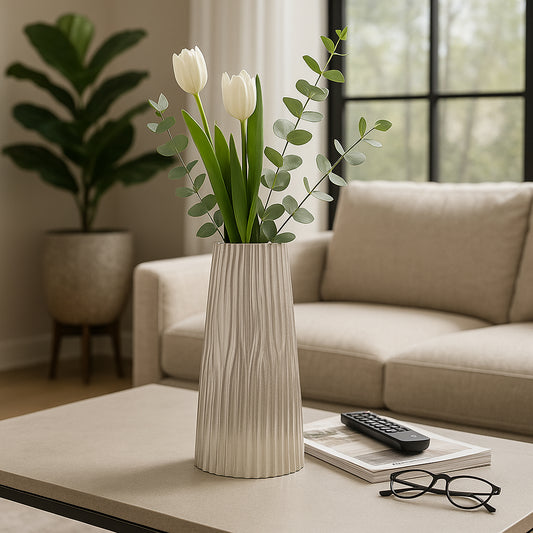 Decorative Large Metal Vase for Living Room Decor - Stylish Sculptural Flower Vase for Room, House, and Office Decor - Elegant Ribbed Vase for Tabletop Accent, Bedroom, or Home Decor - 22" Silver