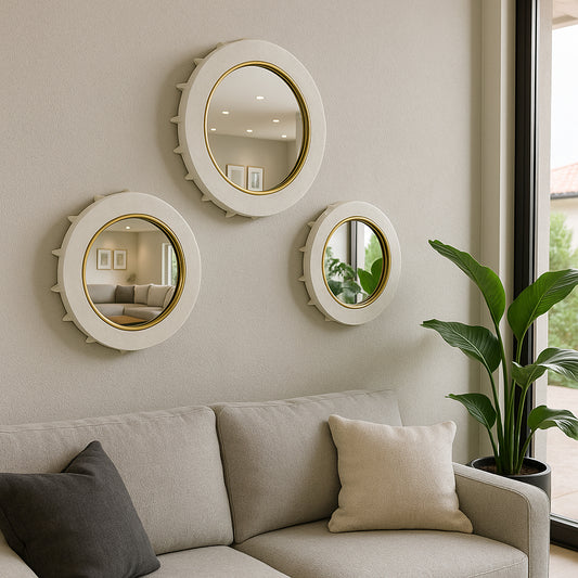 Round Wall Mirrors Modern Design Resin Glass Wood Casual Home Decor for Living Room Bedroom Office Use, Set of 3 - 18", 15", 12" White