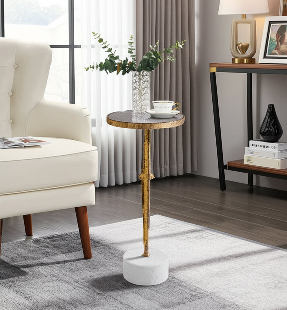 Home Decor End Table, Side Table, or Night Stand - Slender Metal Drink Table with Marble Base Ideal Office, Bedroom, or Living Room - Sturdy Accent Table for Big or Small Spaces - 24" Gold & White