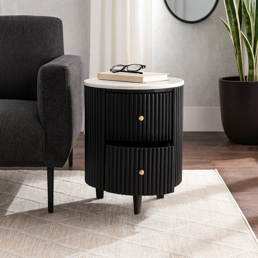 Modern End Table, Side Table, or Small Night Stand - Sturdy Bedside Table with Two Wooden Storage Drawers and Marble Top - Perfect for Small Spaces, Bedroom, or Living Room Decor - 21" White & Black