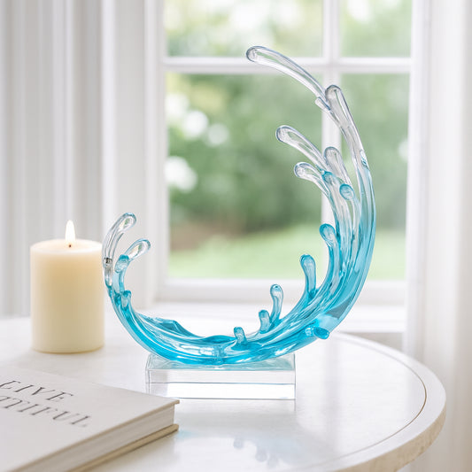 Decorative Home and Office Sculpture – Polyresin Wave Design for Living Room, Bathroom, Shelf or Coffee Table Decor – Artistic Statue and Ornament That Capture Coastal Elegance – 11" Blue & Clear