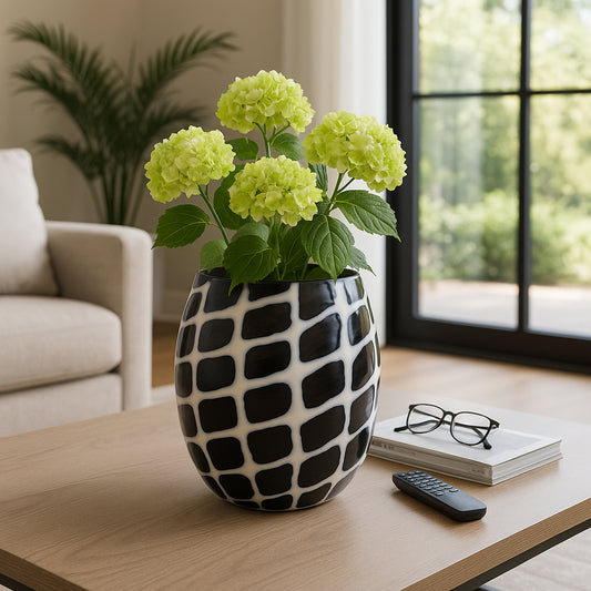 Modern Glass Vase with Abstract Geometric Pattern for Home Decor - Decorative Flower Vase Perfect for Table Centerpiece, Office, or Home Decor - Elegant House Accent for Bedroom - 12" Black & White