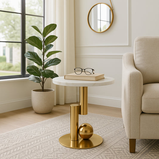 Home Decor End Table, Side Table, or Small Night Stand - Chic Bedside Table with Artistic Base and Marble Top for Office, Bedroom, or Living Room Decor - Perfect for Small Spaces - 22" White & Gold