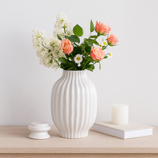 Modern Ceramic Jar with Lid for Living Room Decor - Decorative Chic Flower Vase for Bedroom and Home Decor - Elegant House Accent Perfect for Office, Table Centerpiece, or Entryway - 19" White