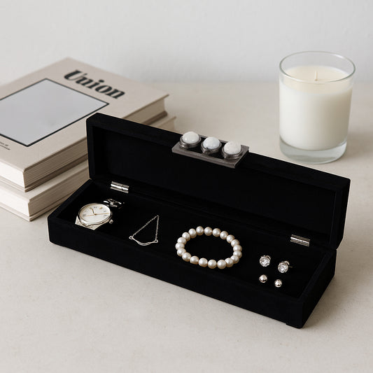 Modern Decorative Box with Lid for Home Decor – Long Velvet Storage Box for Jewelry and Keepsakes – Sculptural Handle Accent and Chic Home Organizer for Living Room, Shelf, or Tabletop – 3" Black