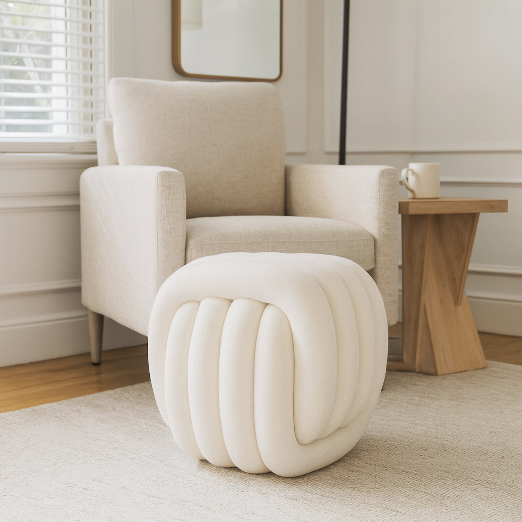 Decorative Knot Sculpture Stool for Home Decor - Modern Art Inspired Design Ottoman Perfect for Vanity, Bedroom, and Living Room Furniture - Stylish Foot Rest Ottoman for Office - 18" White