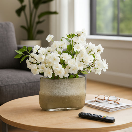 Decorative Small Glass Vase for Living Room Decor - Modern Accent Flower Vase for Home, Mantel, and Office - Stylish Accent Perfect for Bedroom, House, or Dining Room Table Decor - 7" Green