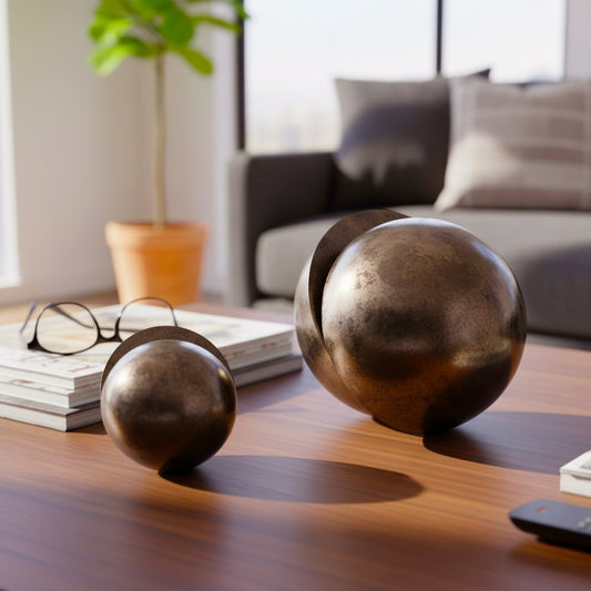 Decorative Metal Orb Sculptures for Home Decor - Contemporary Ornaments for Bathroom, Living Room, or Office - Artistic Accents for Shelf and Coffee Table Decor Set of 2 - 8", 6" Bronze & Copper