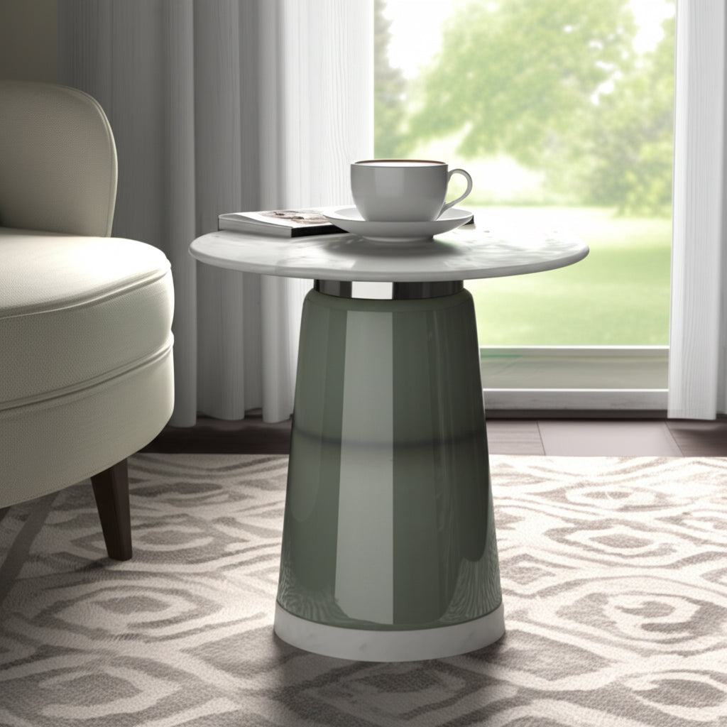 Home Decor Side Table, End Table, or Night Stand - Round Marble Accent Table with Gradient Frosted Glass Base for Office, Living Room, Bedroom Decor - Minimal Form Perfect for Small Spaces - 19" Green