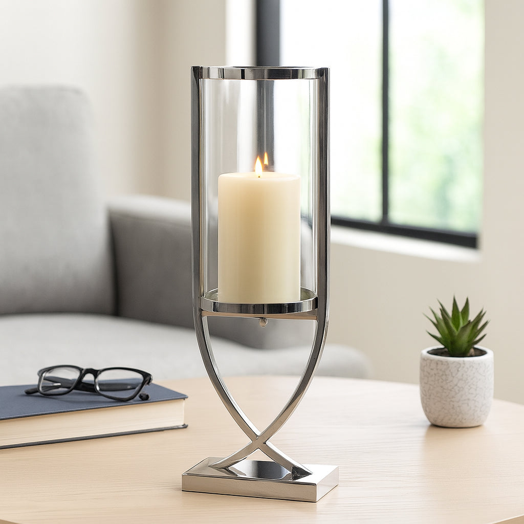Contemporary Metal and Glass Hurricane Candle Holder - Decorative Pillar Candlestick Holder for Table Centerpiece - Elegant Home Decor Accents for Any Special Occasion Decoration - 23" Silver