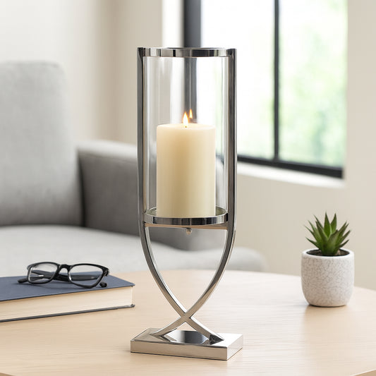 Contemporary Metal and Glass Hurricane Candle Holder - Decorative Pillar Candlestick Holder for Table Centerpiece - Elegant Home Decor Accents for Any Special Occasion Decoration - 23" Silver