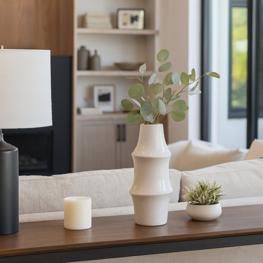 Ceramic Vase for Living Room Decor – Minimalist Flower Vase with Speckled Finish and Ringed Detail Ideal for Fresh Flowers and Greenery – Perfect for Bedroom, Table, Home, or Office Decor – 12" Ivory