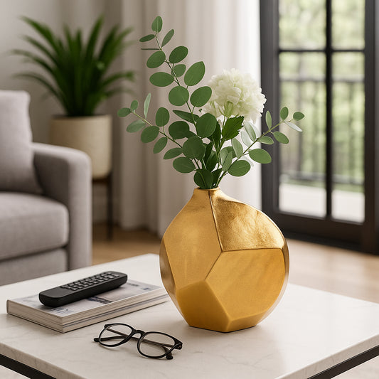 Decorative Textured Metal Vase for Livng Room Decor - Contemporary Home Accent Perfect for Bedroom, Office, and Tabletop Decor - Stylish Sculptural Flower Vase for House or Room Display - 10" Gold