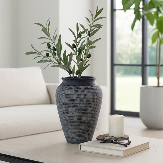 Decorative Ceramic Vase for Living Room Decor – Elegant Patterned Flower Vase for Pampas Grass, Greenery, or Floral Arrangements – Modern Home Decor for Bedroom, Table, or Office Accent – 16" Black