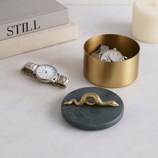 Modern Decorative Box for Home Decor with Lid – Round Jewelry Box with Sculptural Snake Handle – Compact Home Organizer and Decor Box for Living Room, Bedroom, or Office – 5" Green & Gold