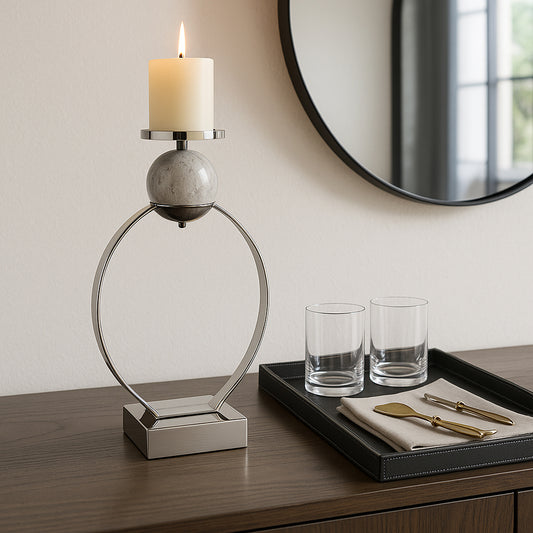 Sculptural Candle Holder with Marble Sphere Accent - Elegant Pillar Candlestick Holder for Table Centerpiece or Entryway Table Decor - Decorative Home Decor Accent for Living Room Styling - 21" Silver