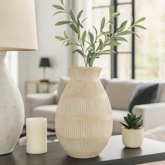 Ceramic Flower Vase for Living Room Decor – Decorative Terracotta Vase with Bold Textured Form for Fresh Flowers or Pampas Grass – Home Centerpiece for Bedroom, Table, or Office Decor – 16" Ivory