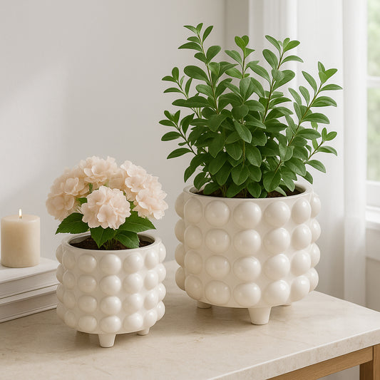 Flower Pots and Planters for Home Decor – Bubble Planter with Pedestal Base Great for Indoor or Outdoor Use – Contemporary Plant Pots for Room, Garden, or Patio Decor; Set of 2 – 10", 7" White