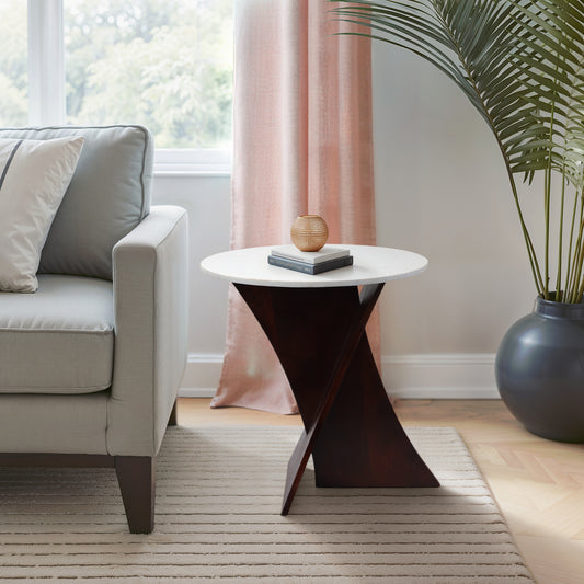 Chic End Table, Side Table, or Small Night Stand for Room Decor - Polished Marble Top with Criss Cross Base for Modern Bedroom or Living Room Decor - Accent Table for Small Spaces - 21" White & Brown