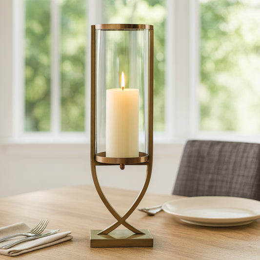 Contemporary Metal and Glass Hurricane Candle Holder - Decorative Pillar Candlestick Holder for Table Centerpiece - Elegant Home Decor Accents for Any Special Occasion Decoration - 27" Gold