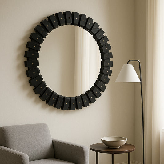 Decorative Large Round Marble Tile Mirror for Bedroom Decor - Contemporary Wall Mirror for Bathroom, Dorms, and Hallway Accent Decor - Elegant Mirrors for Hallway and Entryway - 35" Black