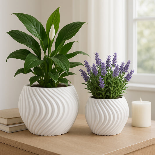 Flower Pots and Planters for Home Decor – Modern Swirl Plant Pots for Indoor and Outdoor Succulents, Orchids, or Herbs – Decorative Pots for Plants Ideal for Garden and Patio Set of 2 – 8", 6" White
