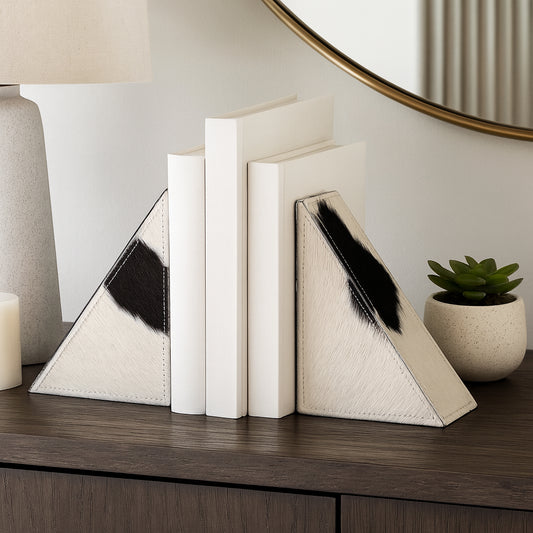 Bookends for Shelves and Bookshelf Decor – Triangular Decorative Bookends with Cowhide Leather Wrapped Finish – Sturdy Bookends Perfect for Home Library, Office, and Desk Decor – 7" Ivory & White