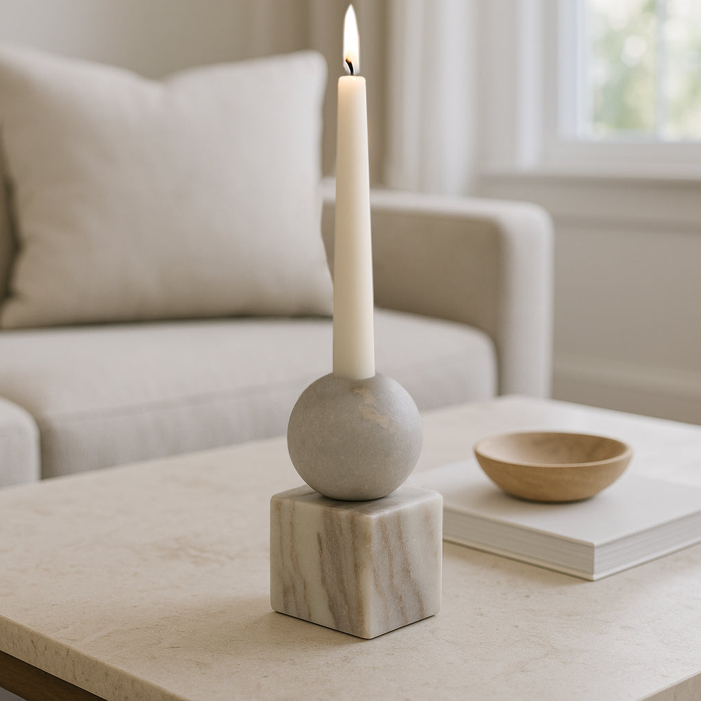 Marble Candle Holder for Taper Candles – Centerpieces for Tables with Spherical Accent and Square Base – Pair With a Pillard Candlestick Holder for Dining Room, Shelf, or Coffee Table – 6" Grey/White