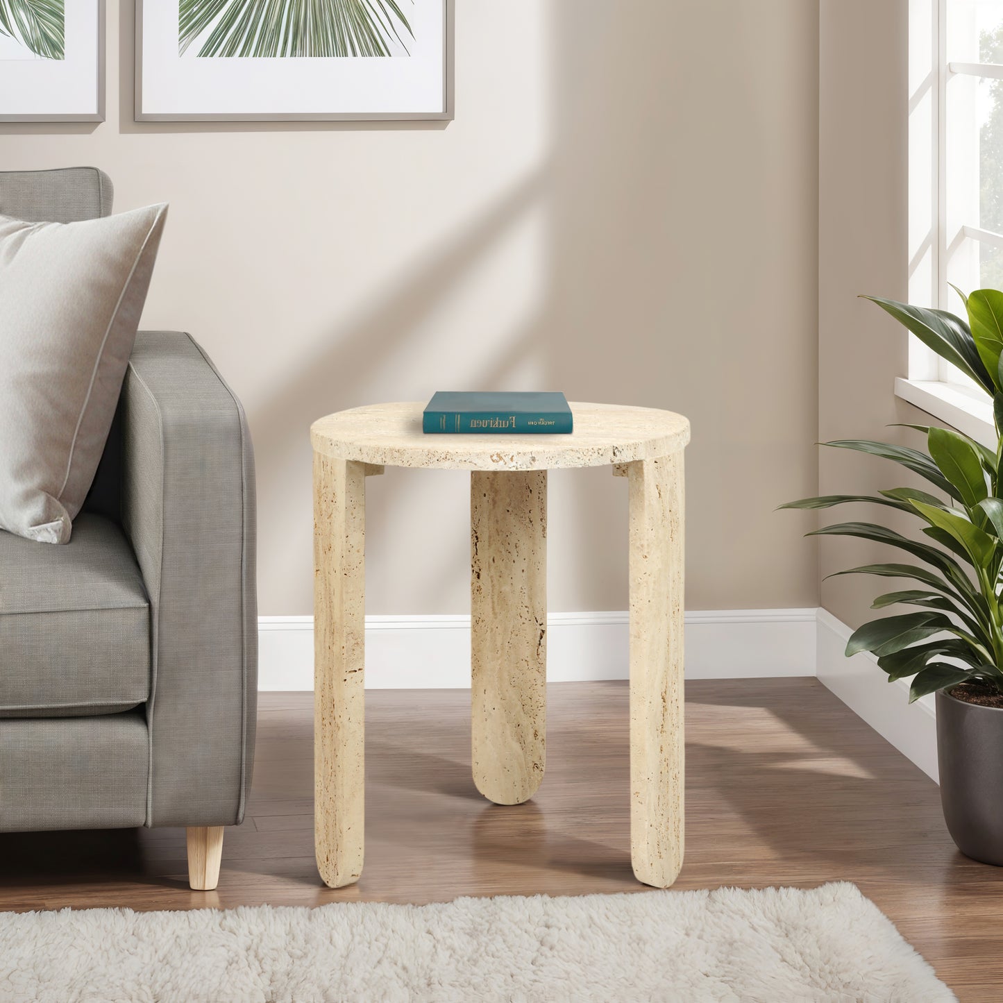 Room Decor End Table, Side Table, or Night Stand - Carved Travertine Bedside Table with Three Legs for Modern Home, Bedroom, and Living Room - Natural Design for Big or Small Spaces - 22" Ivory & Tan