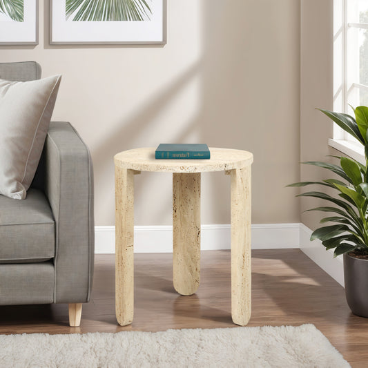 Room Decor End Table, Side Table, or Night Stand - Carved Travertine Bedside Table with Three Legs for Modern Home, Bedroom, and Living Room - Natural Design for Big or Small Spaces - 22" Ivory & Tan