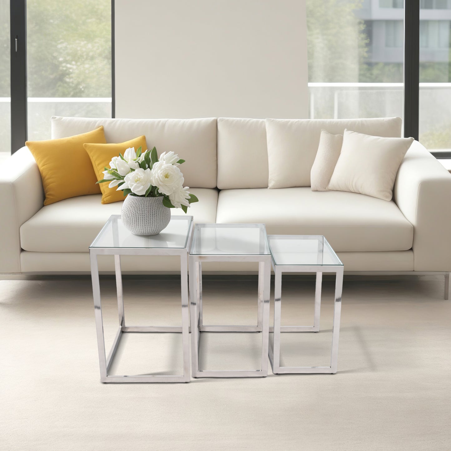 Room Decor End Tables, Side Tables, or Small Night Stands - Stainless Steel Nesting Tables with Glass Top for Small Spaces - Sleek Design for Bedroom or Living Room Set of 3 - 24", 22", 20" Silver