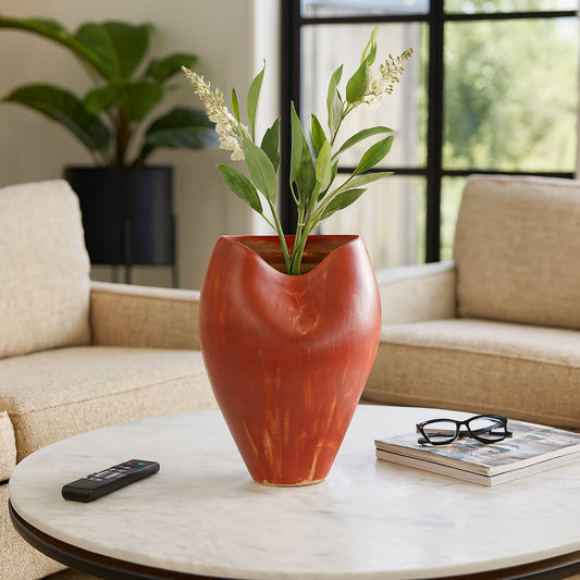 Decorative Sculptural Flower Vase for Living Room Decor - Contemporary Stylish Home Accents for Bedroom, Office Styling, and Table - Modern House Vase for Entryway or Console Decor - 18" Red