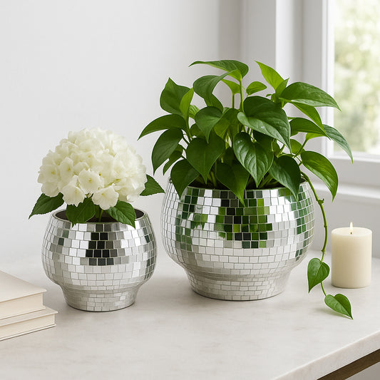 Flower Pots and Planters for Home Decor – Mosaic Indoor and Outdoor Plant Pots for Garden, Patio, or Room – Modern Pots for Indoor Plant Stand for Herbs, Succulents, or Ferns Set of 2 – 8", 6" Silver
