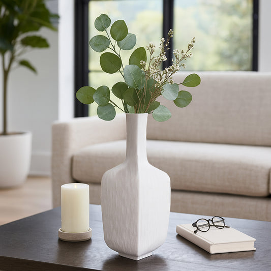 Decorative Flower Vase for Living Room Decor – Polyresin Textured Vase for Pampas Grass, Faux Stems, and Fresh Flowers – A Vase That Elevates Home, Office, Bedroom, and Table Decor – 19" White