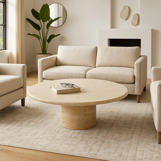 Decorative Round Travertine Coffee Table with Pedestal Base - Stylish Patio Coffee Table for Home Decor and Living Room Furniture - Contemporary Indoor or Outdoor Accent Table - 15.75", Ivory