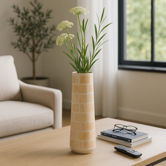 Stylish Modern Glass Vase with Block Pattern for Living Room Decor - Decorative Home Accent for Flowers, Bedroom Styling, or Table - Contemporary Tall House Vase for Office Decor - 18" Brown