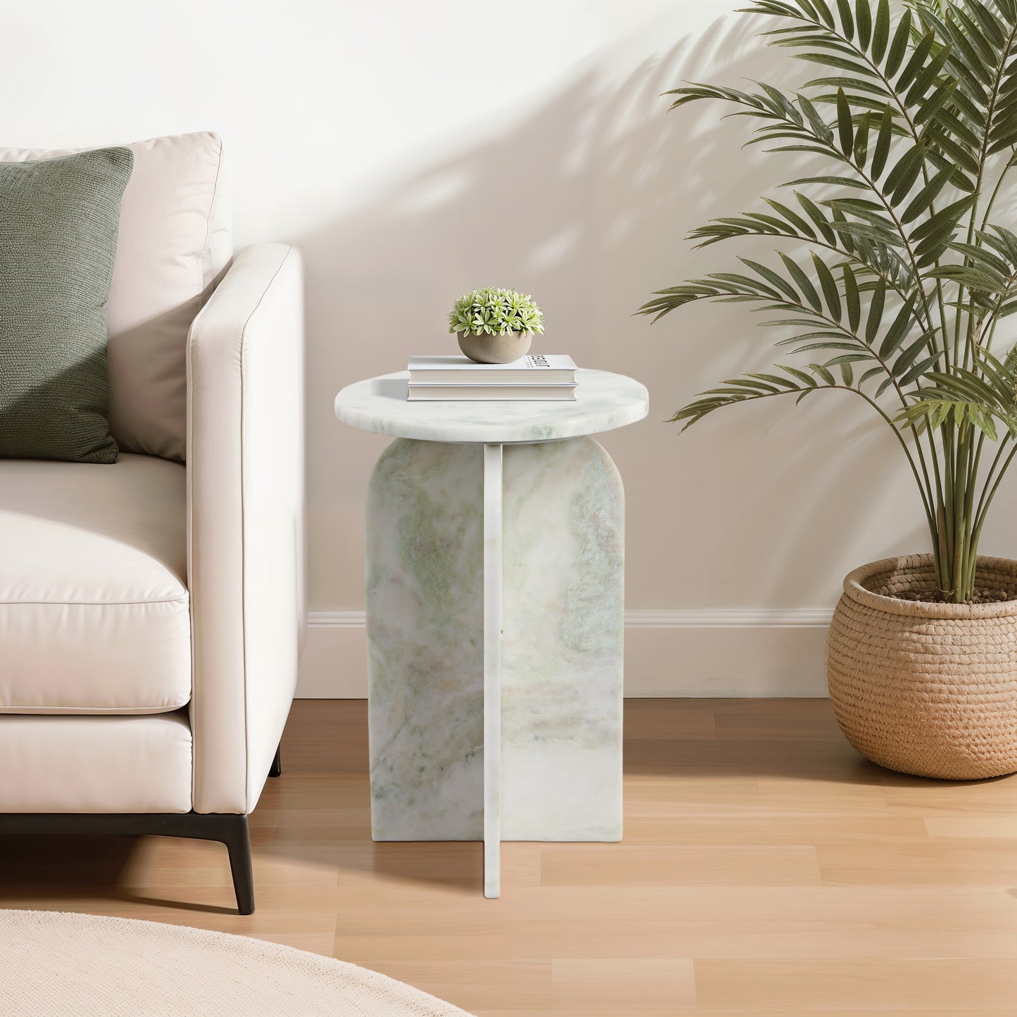 Home Decor End Table, Side Table, or Night Stand - Marble Bedside Table with Round Agate Top Ideal for Big or Small Spaces - Chic Accent Table for Office, Bedroom, or Living Room - 20" Green