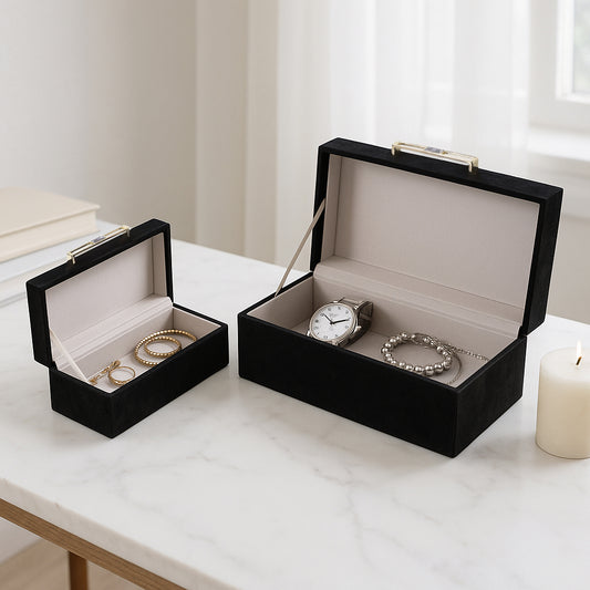 Elegant Suede Decorative Boxes with Metal Hardware Handle - Functional Decor Box with Lid Perfect for Jewelry, Storage, and Keepsake - Decorative Boxes for Home Organizer Decor - Set of 2, 6", Black