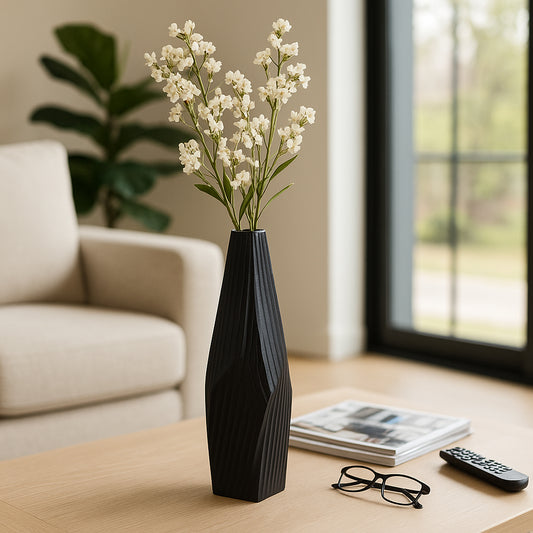 Decorative Asymmetrical Metal Vase for Living Room Decor - Modern Sculptural Flower Vase for House, Office, and Tabletop - Stylish Home Accent for Bedroom or Any Room Decor - 17" Black