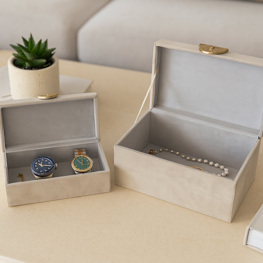 Decorative Boxes for Home Decor – Sleek Storage and Home Organizer with Lid and Sculptural Handle – Jewelry Boxes and Keepsake Boxes for Living Room, Entryway, or Bookshelves; Set of 2 – 6", 4" Gray